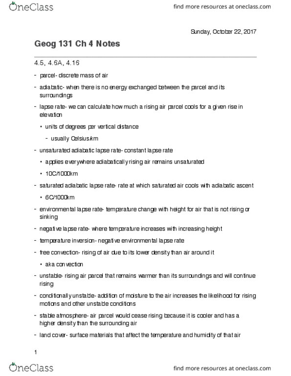 GEOG 131 Chapter Notes - Chapter 4.5, 4.6A, 4.16: Air1, Adiabatic Process, Fluid Parcel thumbnail